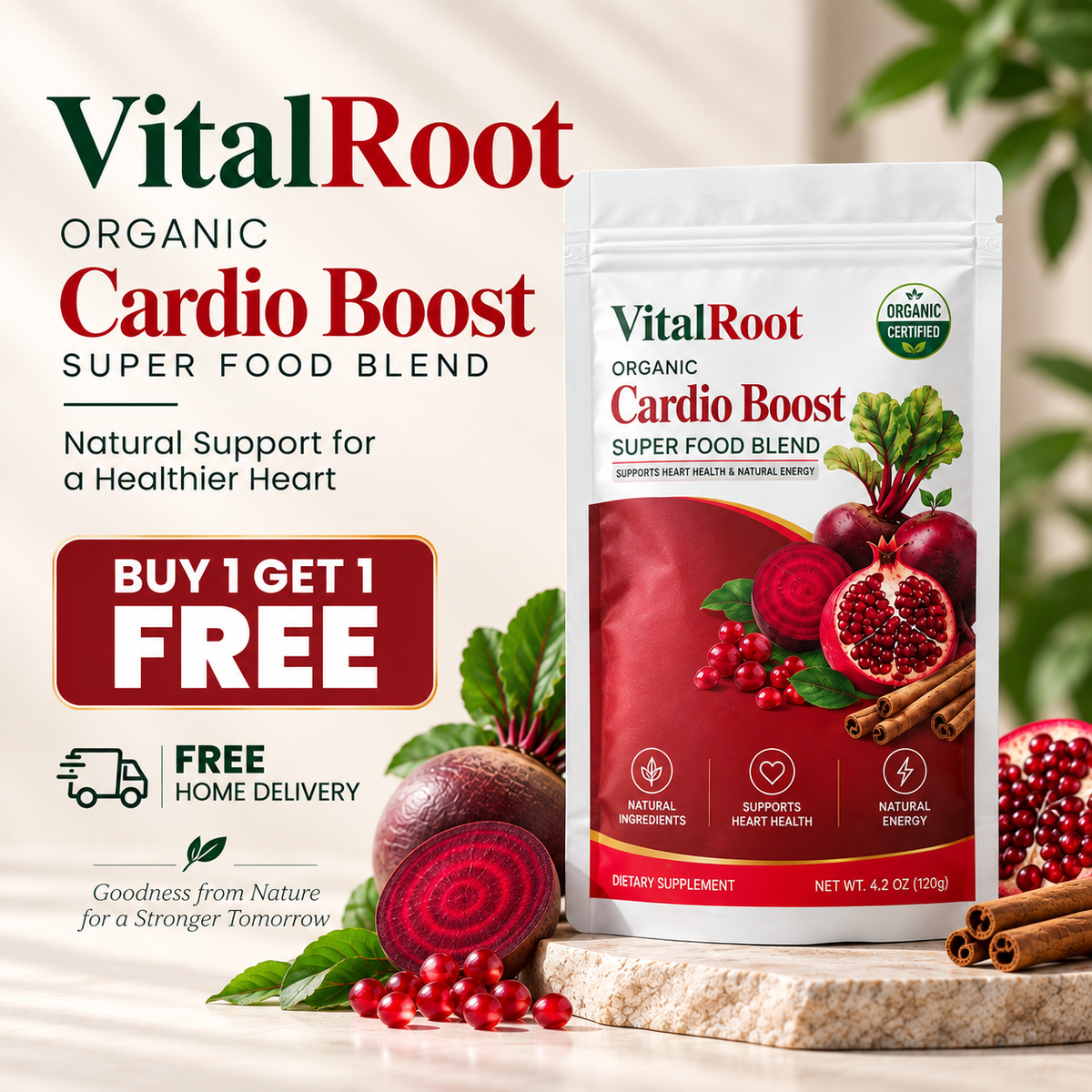 VitalRoot Organic Cardio Boost Super Food Blend – 120g | Buy 1 Get 1 Free