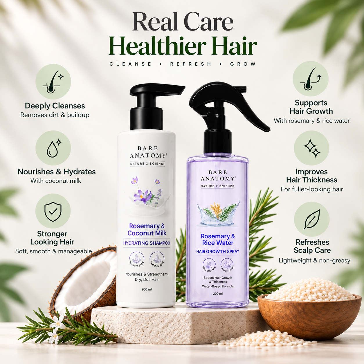 Rosemary Hair Growth Combo | Rice Water Spray + Cocunut Milk Shampoo