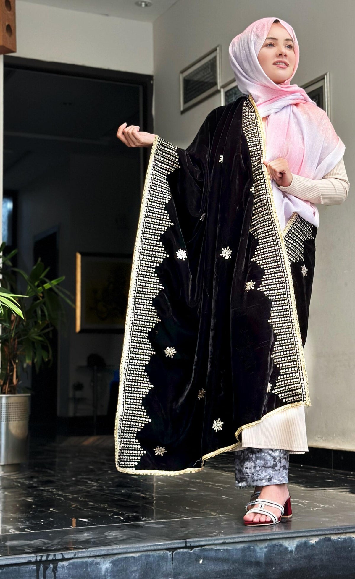Winter Velvet Embroidered Shawl