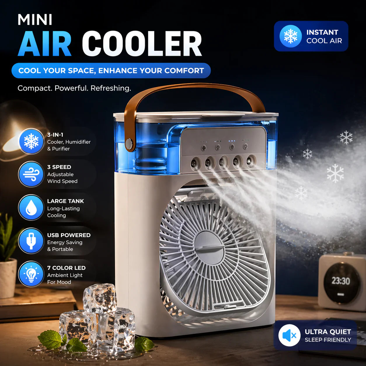 3-in-1 Mini Portable Air Cooler – Portable AC with Humidifier & LED Light | USB Powered Cooling Fan Best For Home and Office
