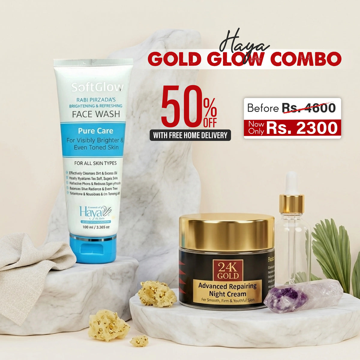 Haya Gold Glow Combo (24K Gold Anti-Aging Cream - SoftGlow Face Wash)