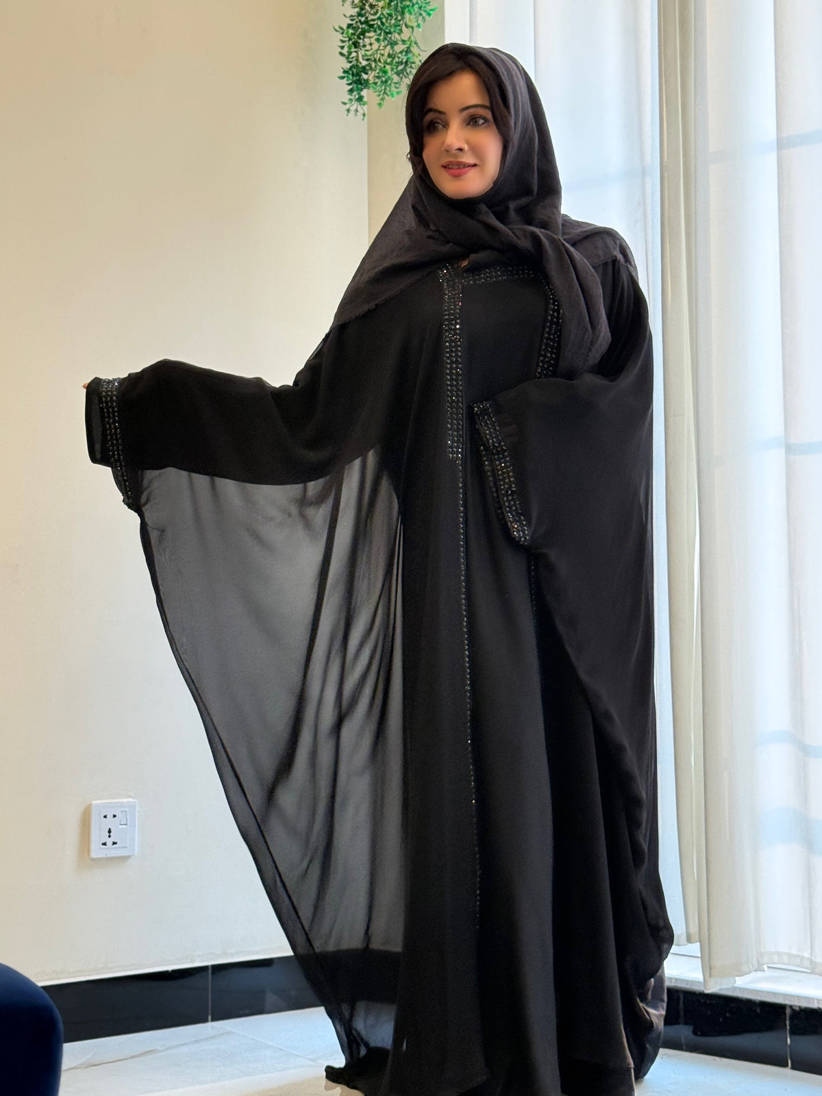 Elegant Black Abaya with Black Stone Detailing – Haya by Rabi