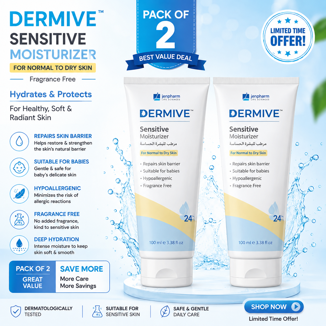 Dermive Sensitive Moisturizer 100ml – Pack of 2 | Gentle Hydration | Fragrance Free | For Sensitive Skin
