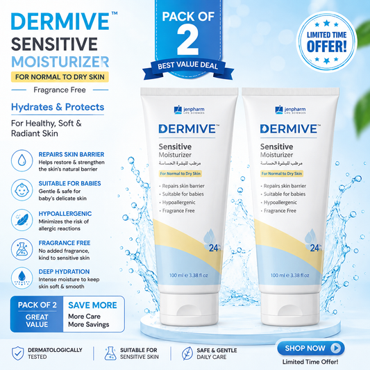 Dermive Sensitive Moisturizer 100ml – Pack of 2 | Gentle Hydration | Fragrance Free | For Sensitive Skin