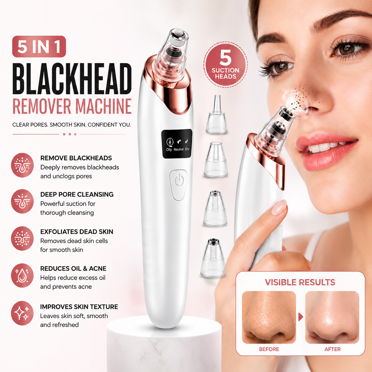 5-in-1 Facial Beauty Blackhead Remover Vacuum | Deep Pore Cleaner for Clear & Smooth Skin