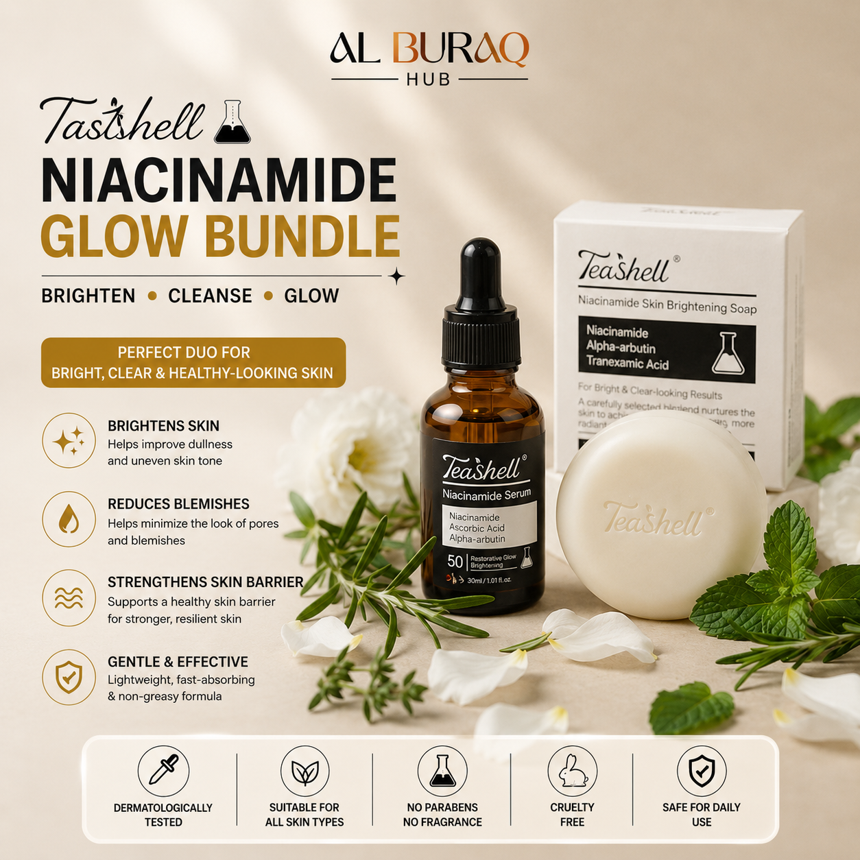 Teashell Niacinamide Glow Bundle | Brightening Serum + 3D Niacinamide Whitening Soap