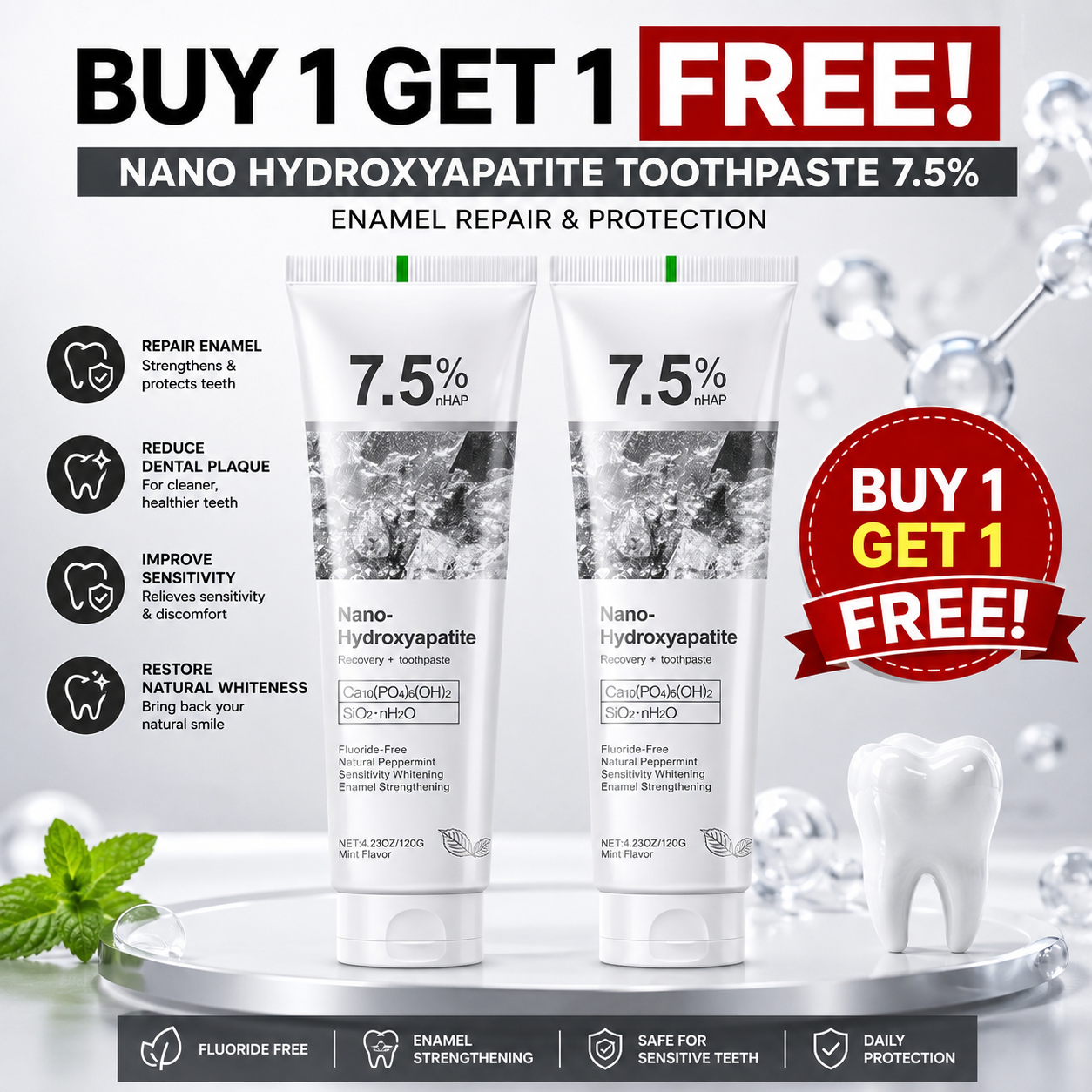 Nano Hydroxyapatite Toothpaste 7.5% – Buy 1 Get 1 Free | Enamel Repair & Protection