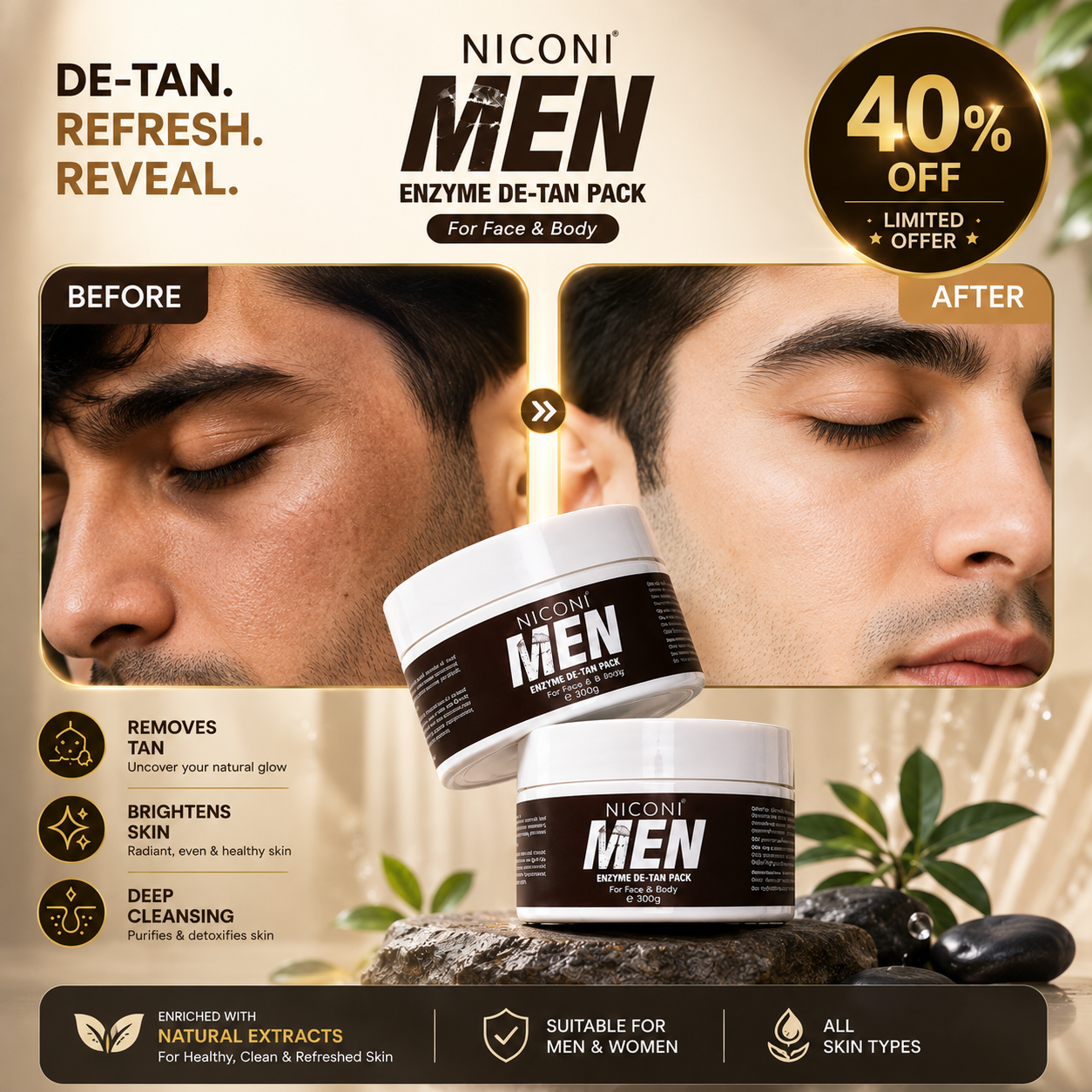 Niconi Men Enzyme De-Tan Pack – Tan Removal & Skin Brightening