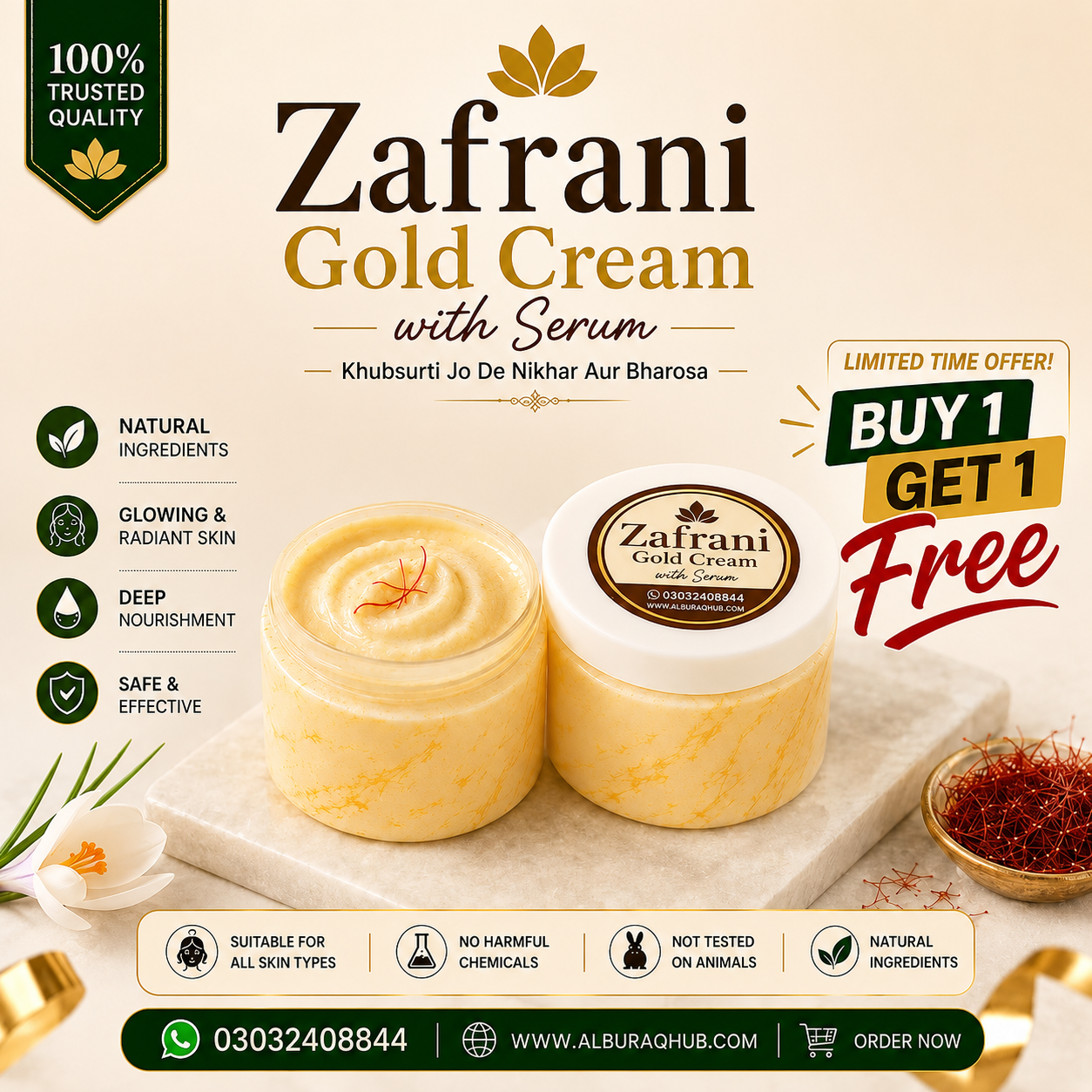 Zafrani Glow Gold Serum Cream| Buy 1 Get 1 FREE | 100% Organic