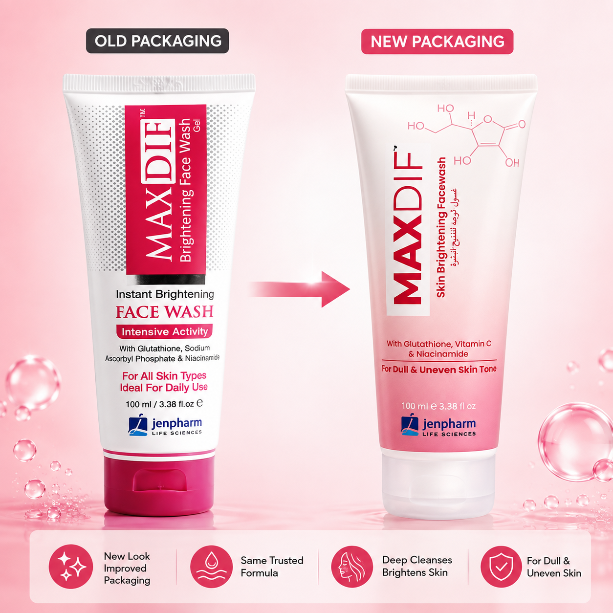 Jenpharm Maxdif Brightening Gel Face Wash 100ml – For Clean, Fresh & Radiant Skin