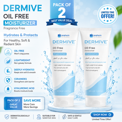 Dermive Oil-Free Moisturizer Pack of 2 – Fragrance Free | Ceramides & Hyaluronic Acid