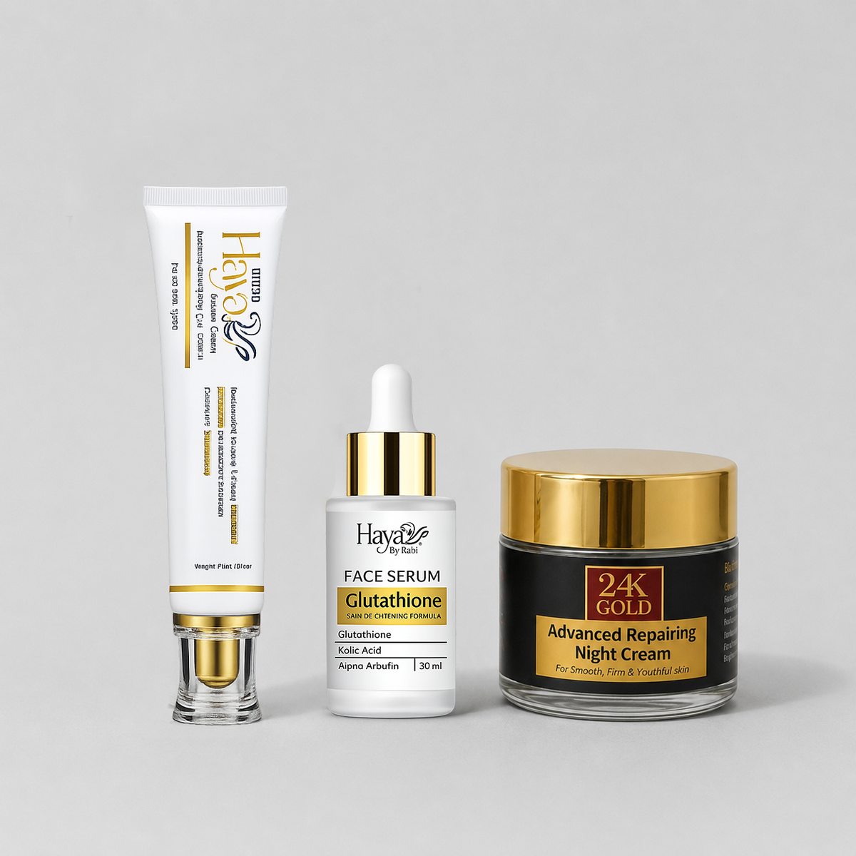 Haya 3-in-1 Luxury Skin Brightening Kit (24K Gold Anti-Aging Cream - Ultra Beauty Cream - Glutathione Serum)