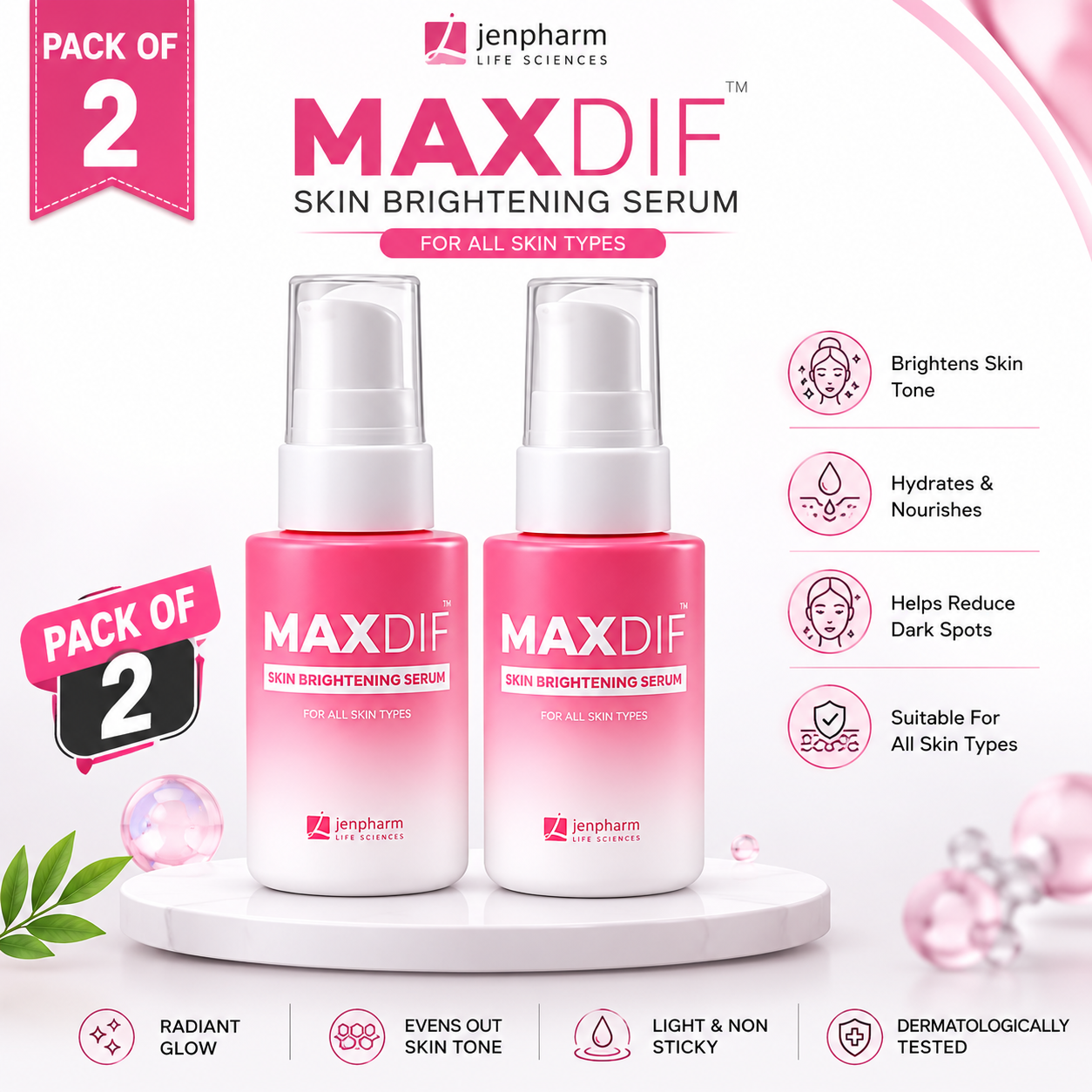 Jenpharm Maxdif Brightening Serum  Pack of 2 | Bright, Hydrated & Radiant-Looking Skin