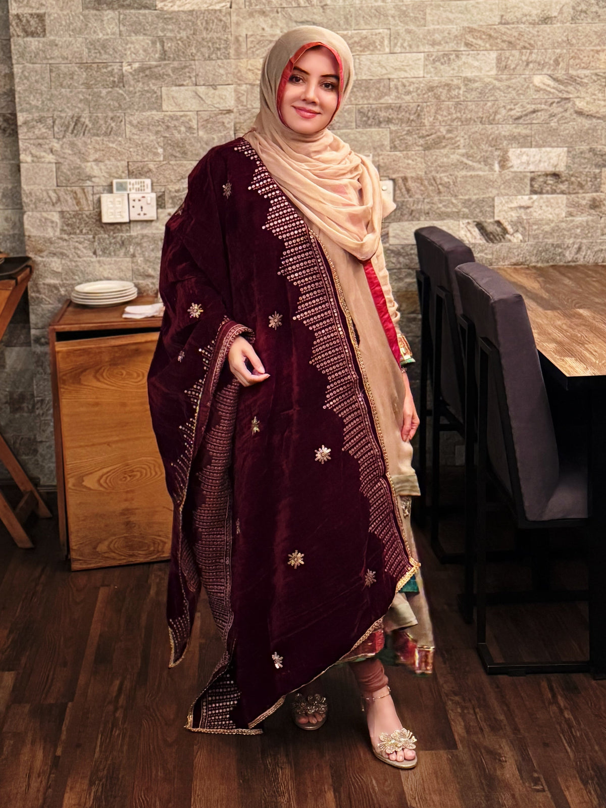 Winter Velvet Embroidered Shawl