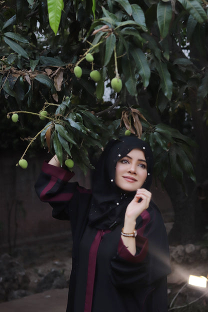 Black Abaya with Maroon Contrast Detailing – Bold Elegance by Haya by Rabi