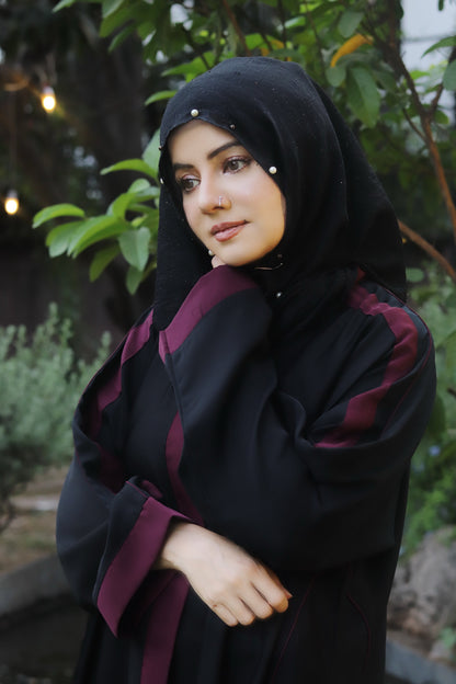 Black Abaya with Maroon Contrast Detailing – Bold Elegance by Haya by Rabi