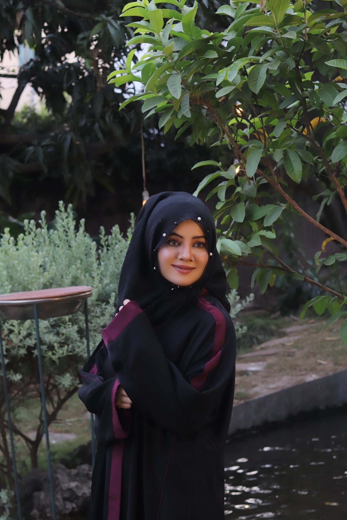 Black Abaya with Maroon Contrast Detailing – Bold Elegance by Haya by Rabi