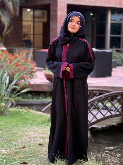 Black Abaya with Maroon Contrast Detailing – Bold Elegance by Haya by Rabi