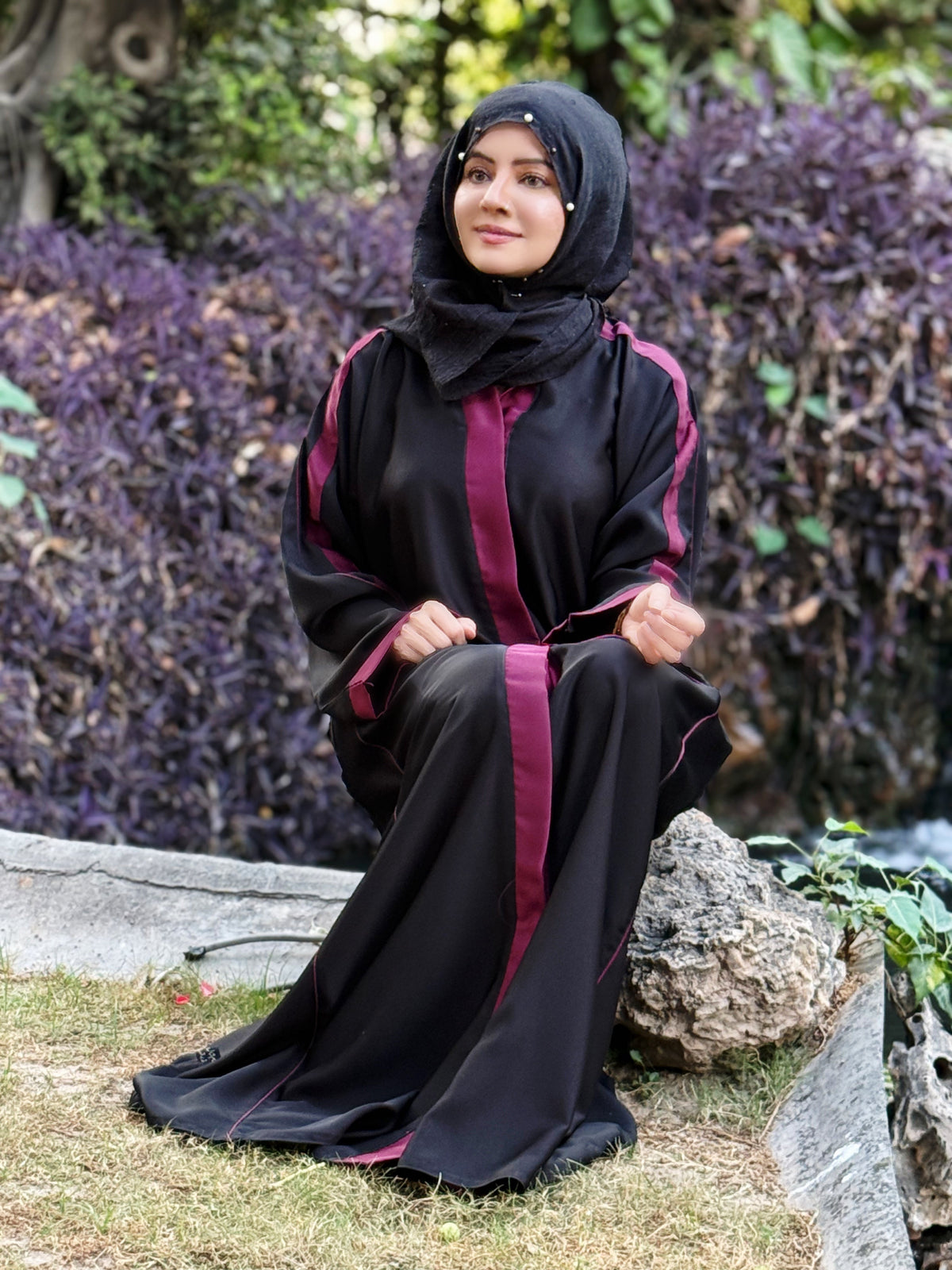 Black Abaya with Maroon Contrast Detailing – Bold Elegance by Haya by Rabi