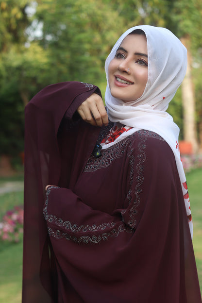 Luxury Maroon Kaftan Abaya with DMC Stone Work – Formal Glamour by Haya by Rabi