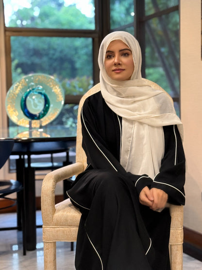 Elegant Black Abaya with White Piping – Timeless Grace by Haya by Rabi