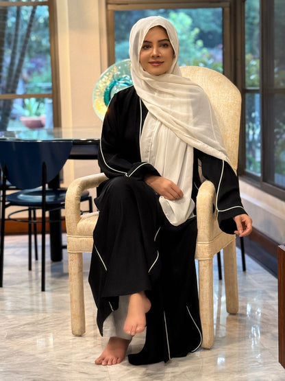 Elegant Black Abaya with White Piping – Timeless Grace by Haya by Rabi