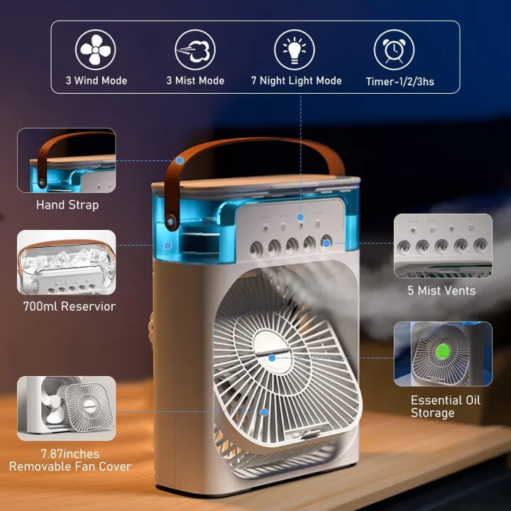 3-in-1 Mini Portable Air Cooler – Portable AC with Humidifier & LED Light | USB Powered Cooling Fan Best For Home and Office