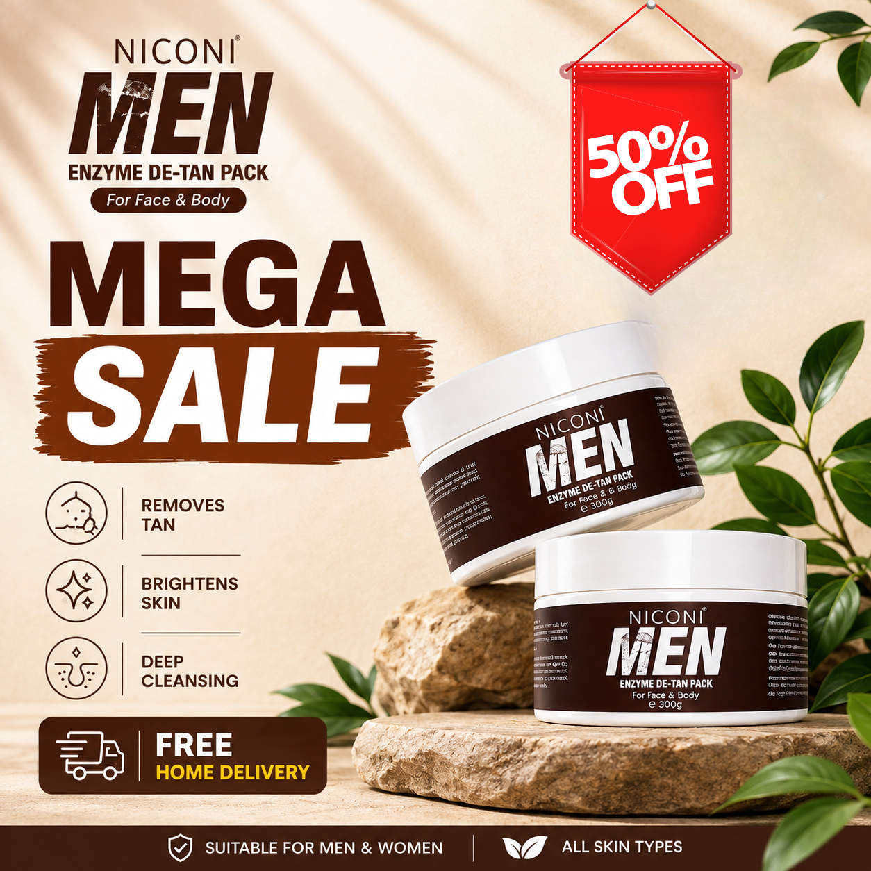 Niconi Men Enzyme De-Tan Pack – Tan Removal & Skin Brightening
