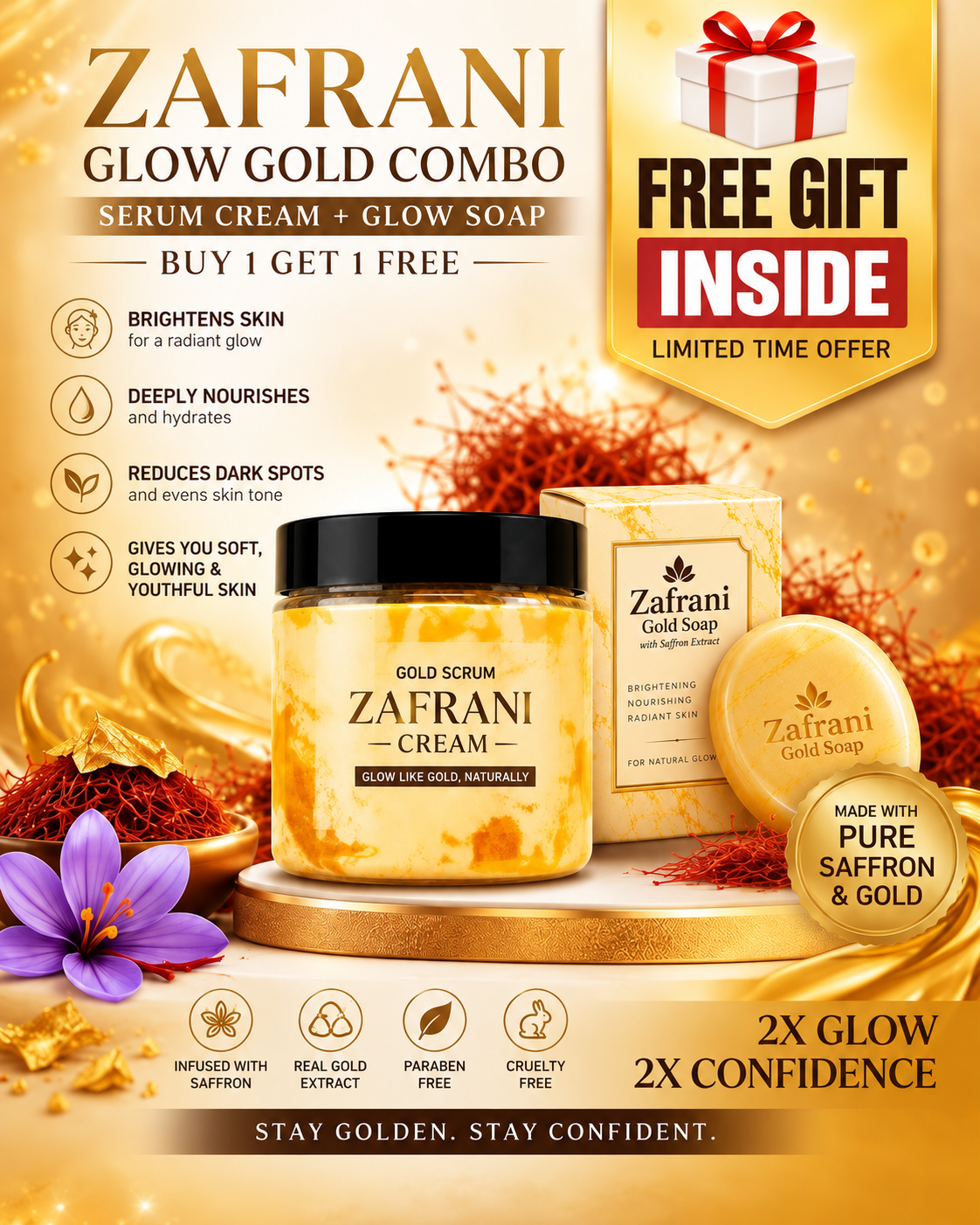 Zafrani Glow Gold Combo | Serum Cream + Glow Soap | Buy 1 Get 1 FREE