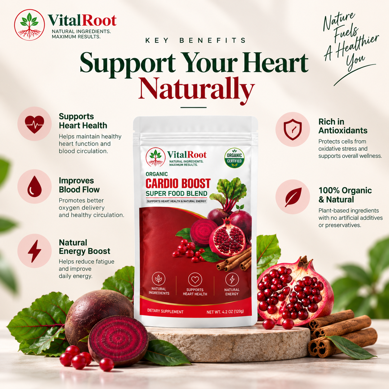 VitalRoot Organic Cardio Boost Super Food Blend – 120g | Buy 1 Get 1 Free