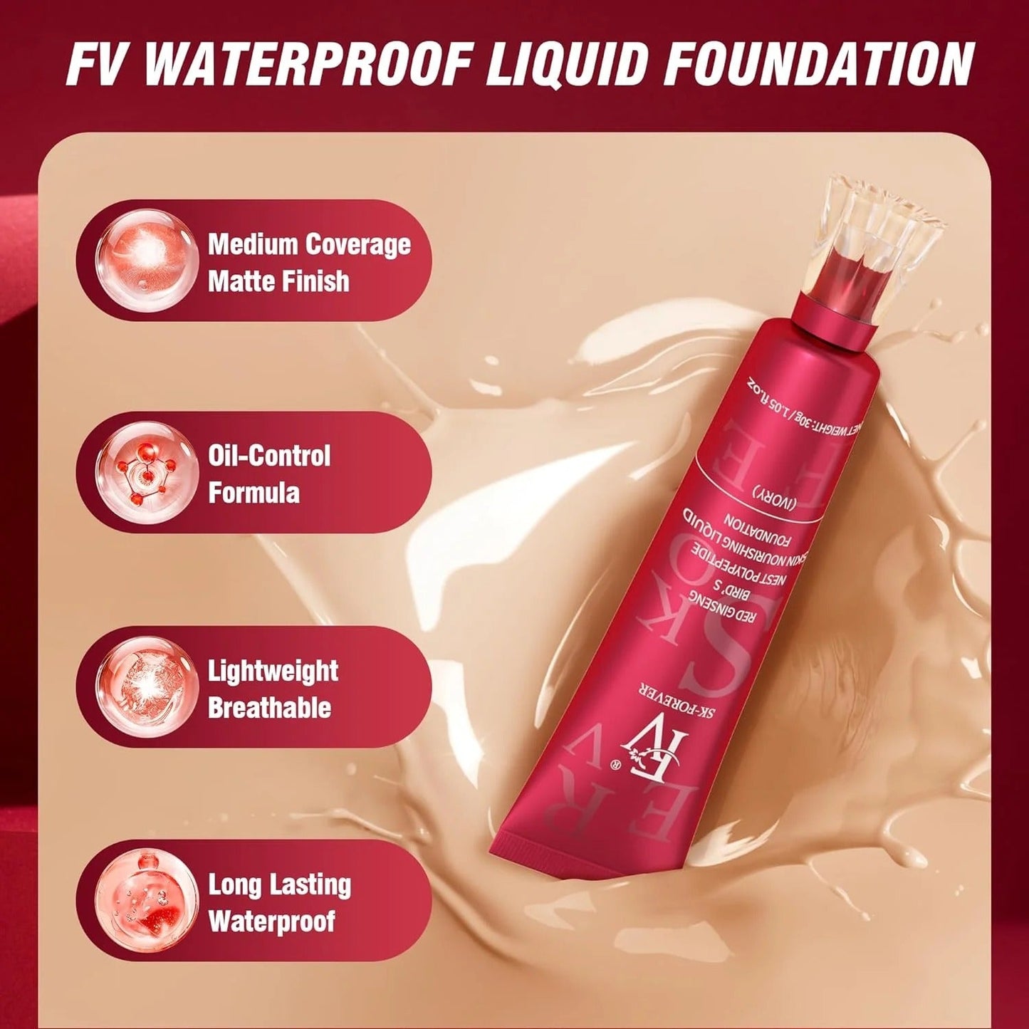 FV Waterproof Liquid Foundation – Long-Lasting Flawless Coverage (30 ml) - Buy One Get One FREE