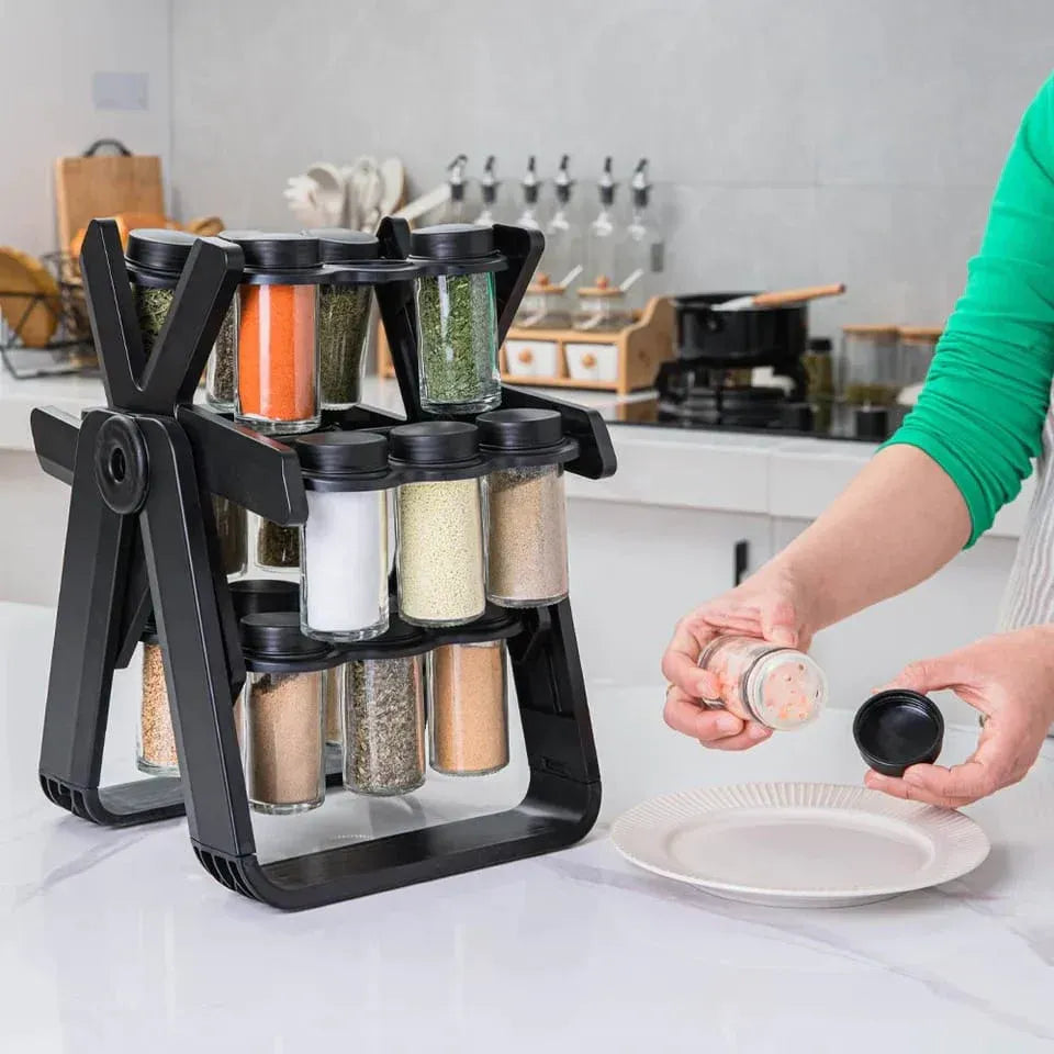 18pcs 360-Degree Rolling Spice Jar Set with Sealed Glass Jars