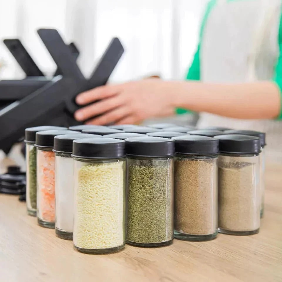 18pcs 360-Degree Rolling Spice Jar Set with Sealed Glass Jars