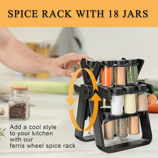 18pcs 360-Degree Rolling Spice Jar Set with Sealed Glass Jars