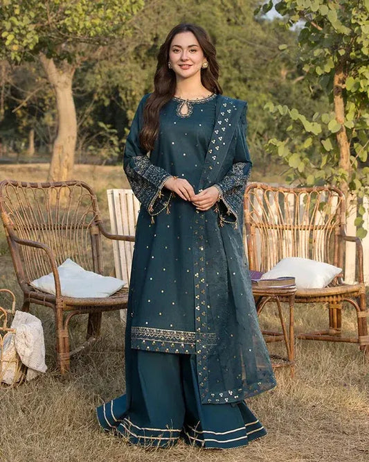 Lawn-3PC Embroidered Shirt with Organza Sequence Embroidered Dupatta- ABS-082