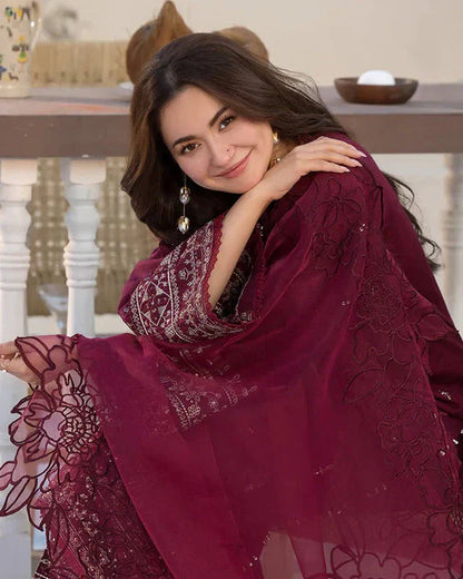 Lawn-3PC Embroidered Shirt with Organza Embroidered Dupatta- ABS 028