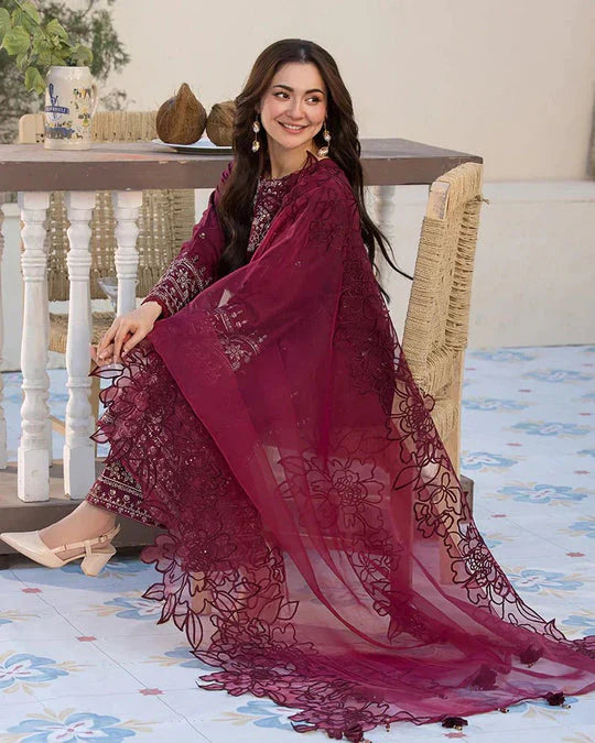 Lawn-3PC Embroidered Shirt with Organza Embroidered Dupatta- ABS 028