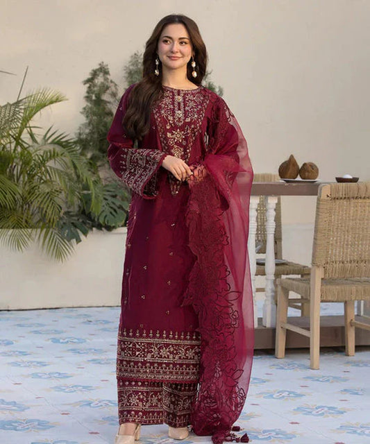 Lawn-3PC Embroidered Shirt with Organza Embroidered Dupatta- ABS 028