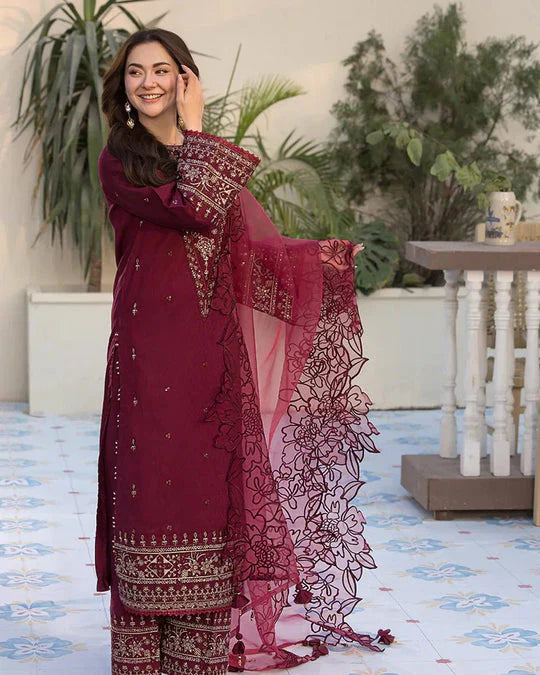 Lawn-3PC Embroidered Shirt with Organza Embroidered Dupatta- ABS 028